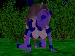 Dog hard fucking a purple-haired girl in a grassy field